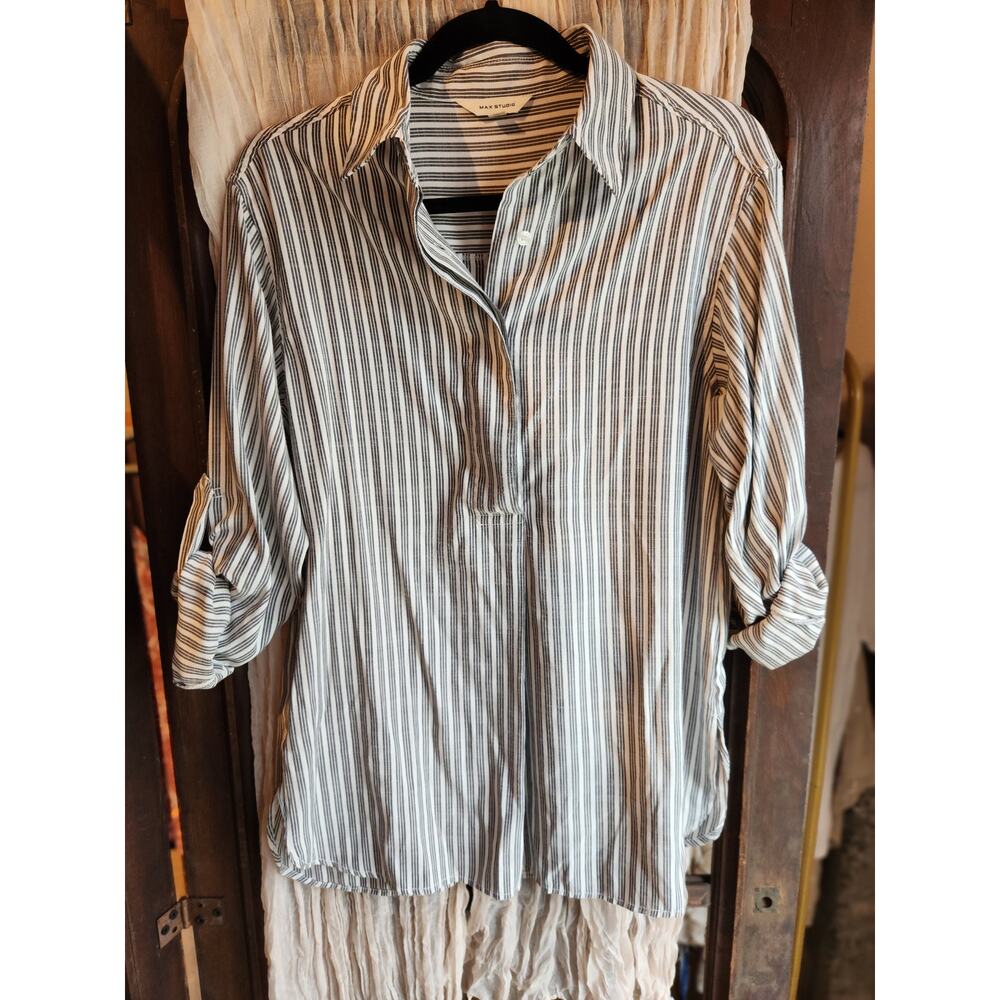 Max Studio Lined Black & White Striped Collared Popover Shirt Size M